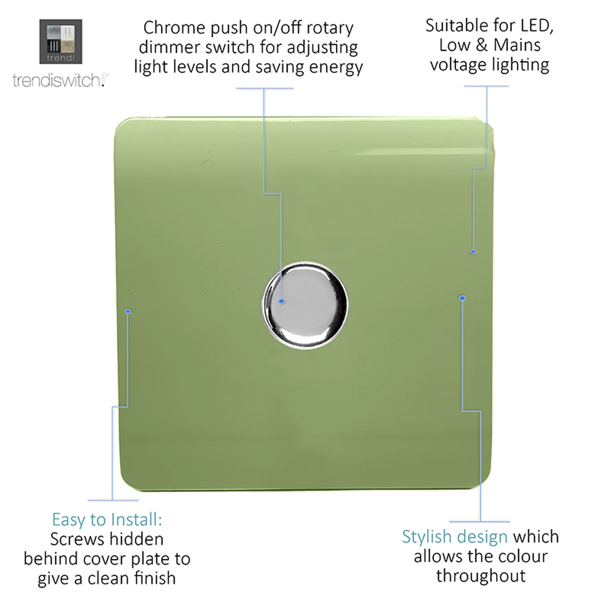 1 Gang 1 Way LED Dimmer Switch Moss Green ART-LDMMG  Trendi Moss Green